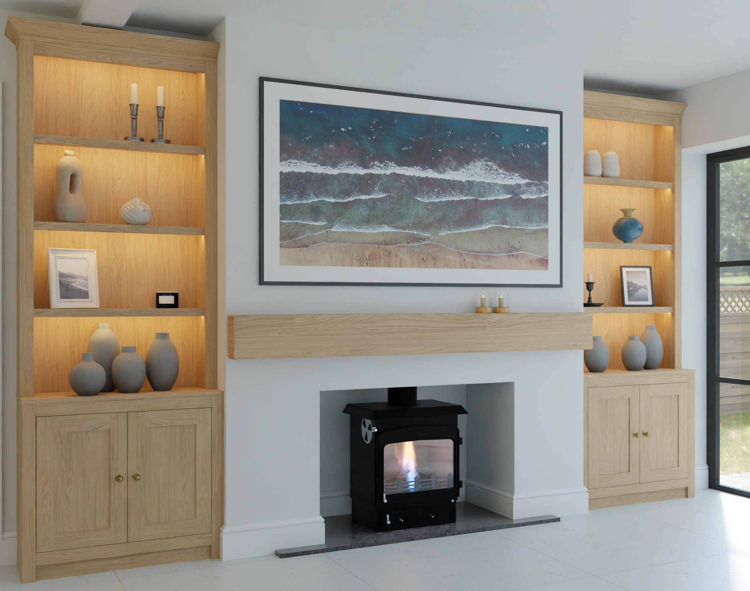 Media wall design with oak cabinetry, display shelving and a central fireplace