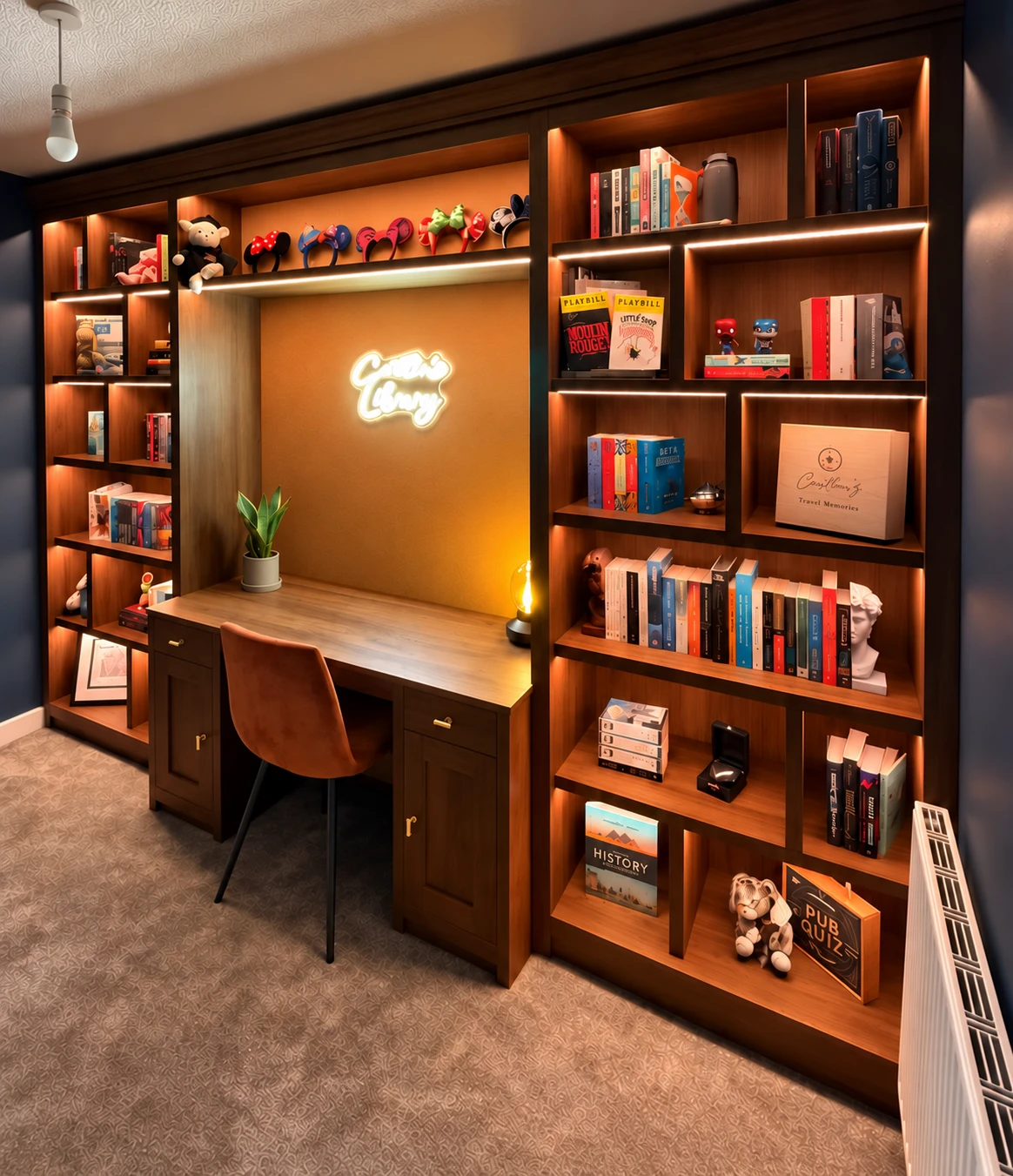 Bespoke library with illuminated bookshelves and an integrated desk